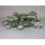 A collection of Wedgwood green ground Jasperwares including fruit bowl, teapot, comport, pair of