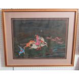 A Mogul type painting of a hunting scene with tiger attacking a horse, 42.5 x 55.5cm approx, framed