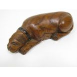 Naive 19th century carved oak snuff box in the form of a sleeping dog, 13cm