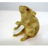 Meiji Period - Ivory Okimono of rat with no tail and with red eyes, seated upon its hind legs, 7cm