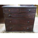 A Victorian stained pine bedroom chest of two short over three long graduated drawers with painted