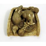 Meiji Period - Peirced Ivory Netsuke - five rats stealing food from an open shallow basket,