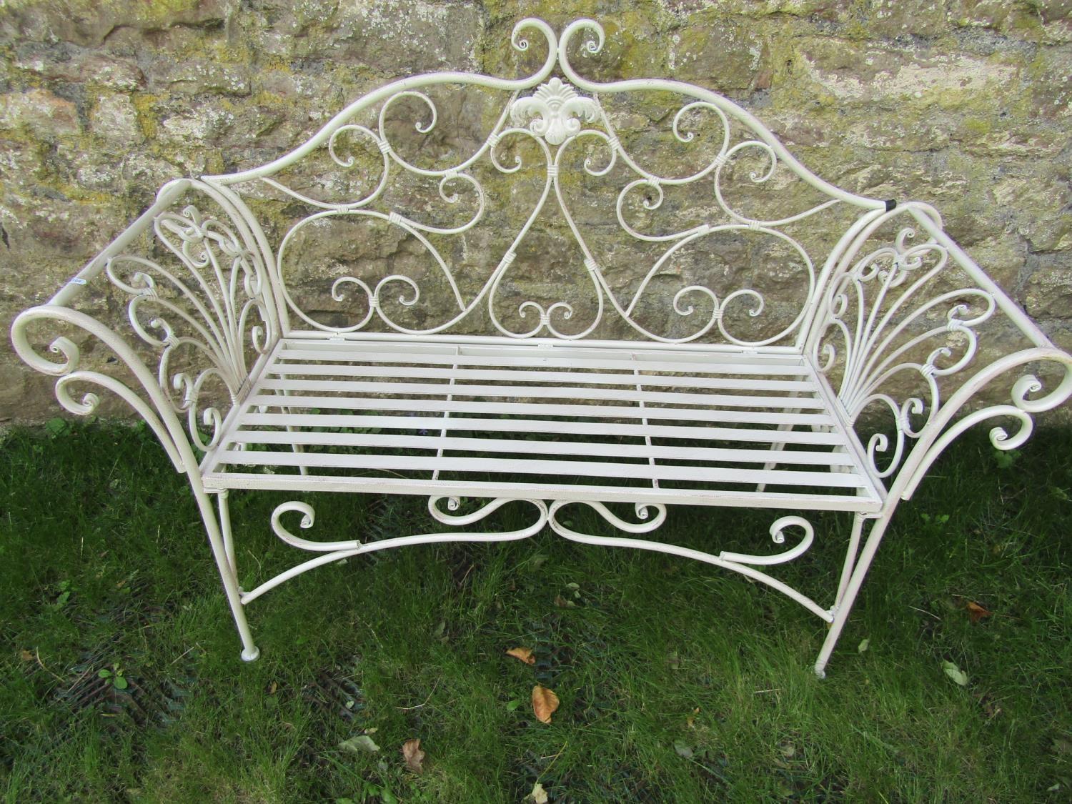A pair of contemporary lightweight cream painted steel two seat garden benches in the Regency - Image 2 of 3