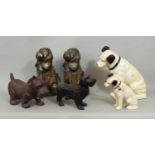 Two cast metal figures of Nipper, two Indonesian dogs, etc (6) 24cm max
