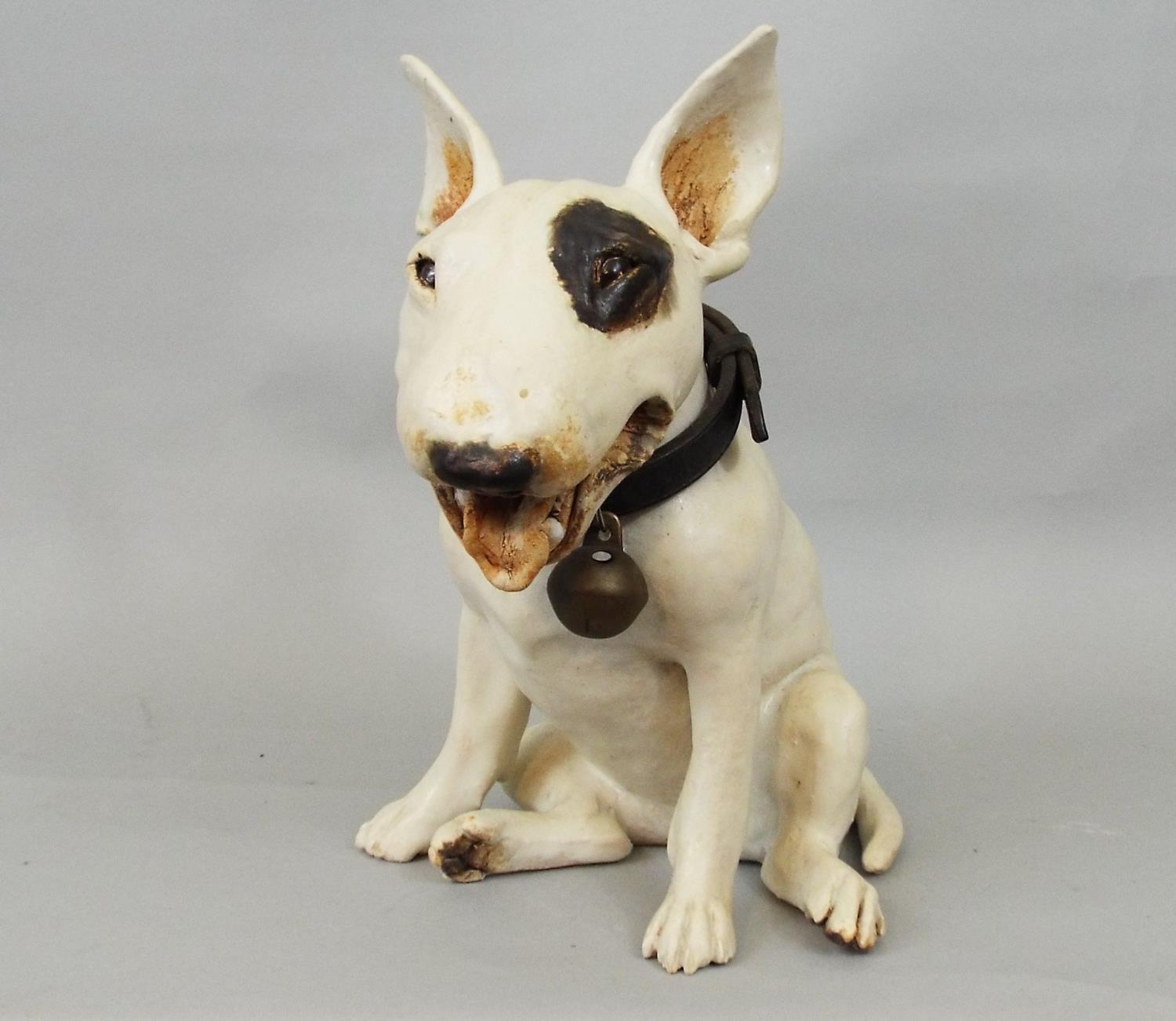 A studio pottery figure of an English bull terrier by Joanna Cooke, 25cm high