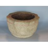 Antique natural stone or marble mortar with traces of original polychrome paint, 23 cm wide x 14