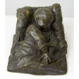 Cast bronze study of a sleeping child propped up on pillows. Le Sommeil. 28cm