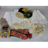 Mixed textile collection including 19th century ladies knickers, lace collars, bonnets, a fringed