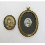 19th century enamel miniature portrait of Napoleon in uniform within a brass frame, and a further