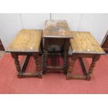 A pair of Old English oak joint stools of rectangular form on turned supports, together with a