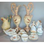 Collection of decorative ceramics to include Clarice Cliff jug, pair of blush ivory ewers, three