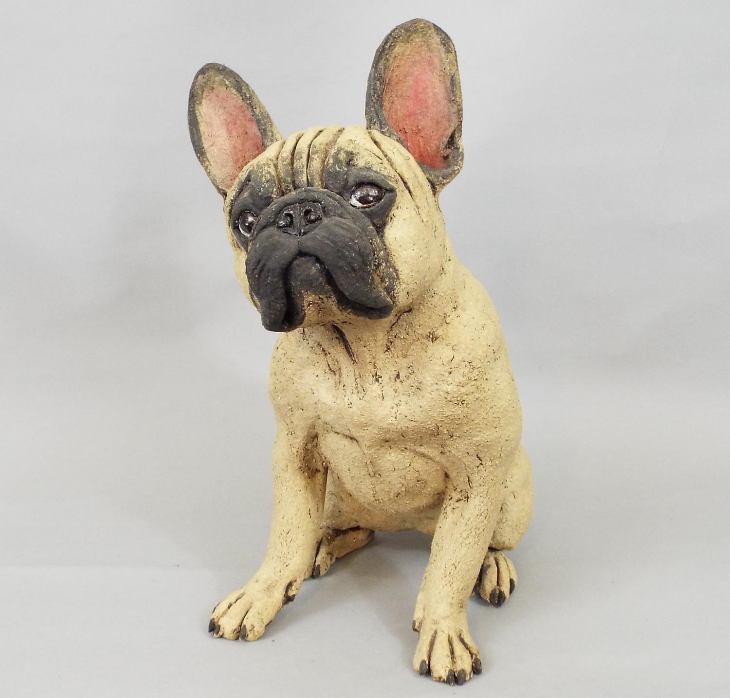 Studio Pottery figure of a seated French Bulldog by Joanne Cooke, 33 cm in high