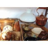 Box of interesting items comprising various brass and metalwares to include a copper spirit