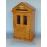 Novelty golden oak letterbox in the form of a doorway, with brass plaque inscribed letters, 39 cm