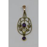 Early 20th century 9ct amethyst and seed pearl pendant with articulated drop, 2.1g