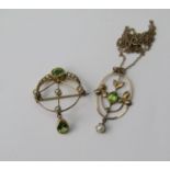 Edwardian 9ct chrysoprase and seed pearl brooch with articulated pear cut drop, together with a
