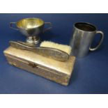 1920's silver christening tankard, further Walker & Hall silver twin handled trophy 5.5 oz approx;