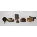 A bronze pin cushion in the form of a hedgehog, a 19th century horn snuff box and cover of oval form