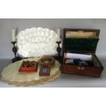 A collection of interesting items to include a regency rosewood and mother of pearl inlaid twin