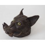 An unusual Victorian brass inkwell in the form of a cats head, in its mouth a rat, the nose when