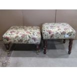 Three similar Victorian style floral patterned upholstered stools of varying size raised on turned