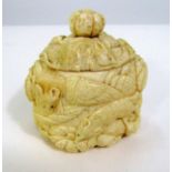 Meiji Period - Ivory box and cover decorated with several rats eating root vegetable leaves,