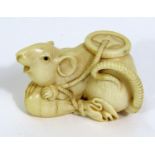 Meiji Period - Ivory Okimono of a rat above a knotted cloth bag, with a coin on his back, 6cm