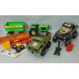 A Tonka tractor and trailer, a Tonka pickup truck, together with a box of Meccano pieces and an army