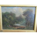 19th century British school - A river scene with figures and a castle and a village scene with