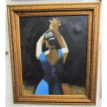 D Bing - Three quarter length study of a flamenco dancer in blue dress, oil on canvas, signed, 60