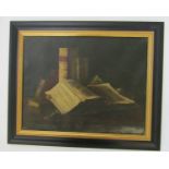 Erol Vonde? (early 20th century school) - Still life with books, oil on canvas, indistinctly