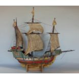 Scale model of a Scandinavian three mast galleon, with painted hull and fabric sails, 55 cm long