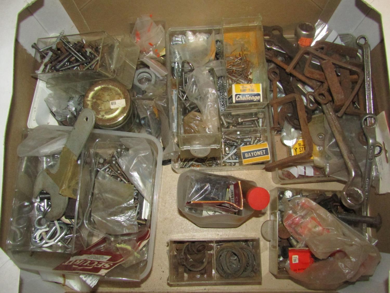 A box of Victorian and later turned wooden knob furniture handles, fittings and further hardware