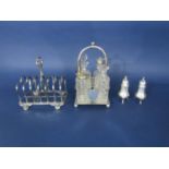 Silver plated hob nail cut glass four bottle cruet together with a further pair of salt and