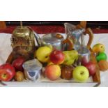 A mixed lot comprising a four piece picquotware tea set and tray, further brass lantern style