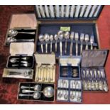 A vintage cased canteen of fancy cutlery together with a box containing a large collection of silver
