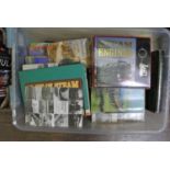 Two boxes of miscellaneous travel books, subjects including trains, motor sport, fire engines,