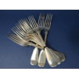 Set of seven Victorian fiddle and thread silver table forks maker GA, London 1875, 20.5 cm long with