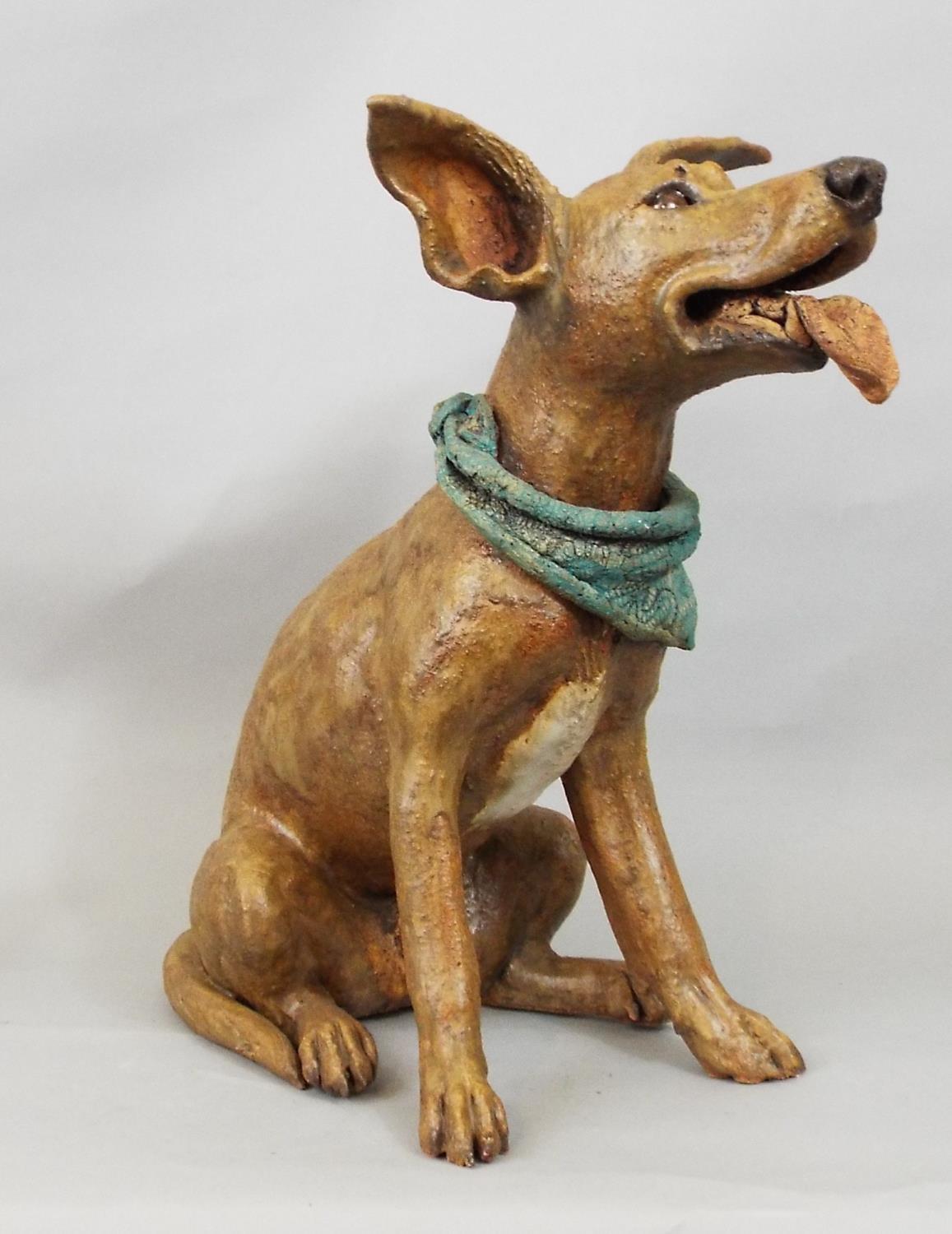 A studio pottery figure of a terrier wearing a scarf, in seated pose, by Joanna Cooke, 32cm high - Image 2 of 2