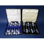 Two cased sets of six teaspoons, one with bright-cut type handles, the other with beaded, 4.5 oz