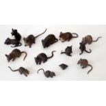 Fourteen cold painted bronze and lead figures of mice and rats, a number stamped Geschutzt, 6cm long