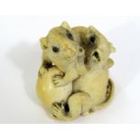 Meiji Period - Ivory Okimono of two rats entwined over a root vegetable, 5cm