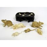 Eleven tiny ivory carvings of rats - with associated hardwood box, 4cm and smaller