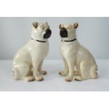 A pair of late 19th century glazed and seated Pug dogs with painted features in seated pose, 27cm