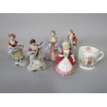 Two Royal Doulton figures of Cynthia HN1686 and Valerie HN2107, three continental figures of 18th