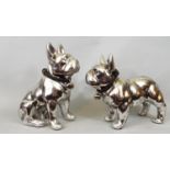 Two silver lustre pottery figures of a French Bulldog and and English Bulldog, 34cm max