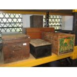 A vintage stained pine carpenters work box and tools therein, a walnut chest with hinged lid and