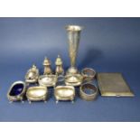 Mixed collection of silver comprising engine turned cigarette case, pair of napkin rings, flared