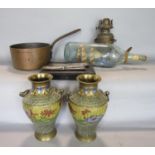 A pair of Afamille Juane twin handled baluster cloisonne vases, together with a ship in a bottle,