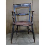 A Windsor stained elm and beechwood Oxford bar back elbow chair with splayed turned supports